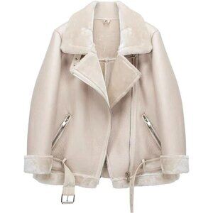 Women Shearing Beige Faux Shearling Moto Jacket Thick Lined Winter Leather Coat